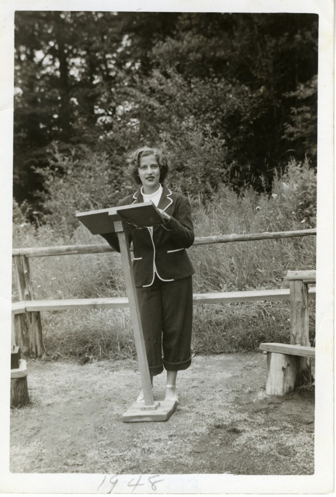 In 1948, at age fifteen, Ruth was the camp rabbi at Che-Na-Wah, in Minerva, New York. Here, she delivers a sermon. | photo: The New Yorker