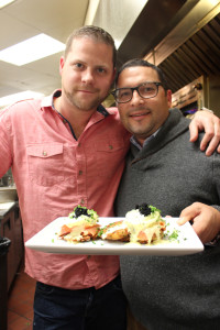 Chris Hodgson, left, and Scott Kuhn display their completed Jstyle Latkes Benedict.