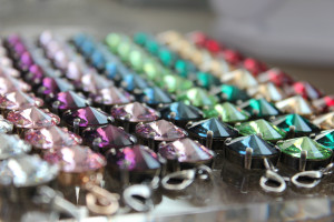 Swarovski crystal rivoli bracelets in an array of colors made by Synenberg. 