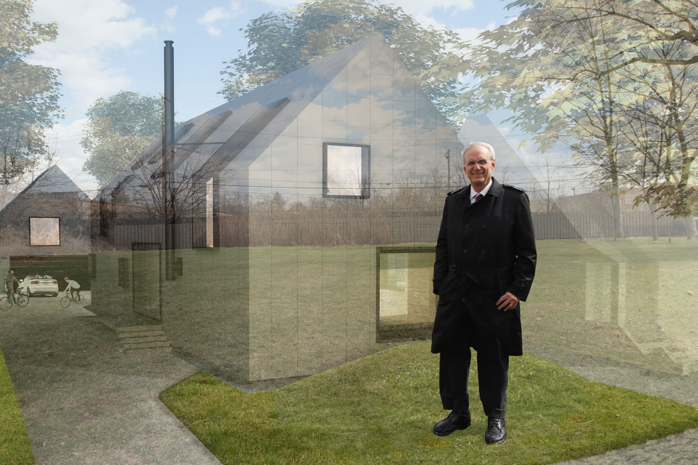 Shaker Heights Mayor Earl M. Leiken stands in front of a vacant lot in the southern Moreland neighborhood. Superimposed on the lot is a rendering from Donnelly Eber Architects in New York City, one of the winning firms in the Shaker Design Competition aimed at re-imagining the neighborhood.