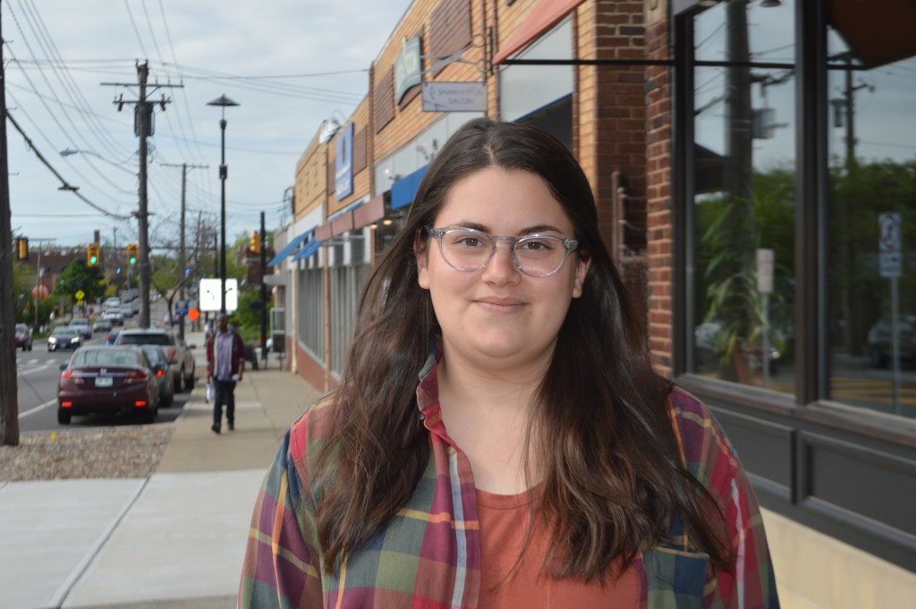 Joanna Levin stands on Lee Road in Cleveland Heights, near where she was when she received a round of insulting tweets for her pro-Israel activism. 