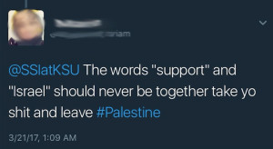 One of the anti-Israel tweets received by Joanna Levin in response to her posting she wished she could attend an “Artists 4 Israel” free T-shirt event earlier this year at Kent State University.