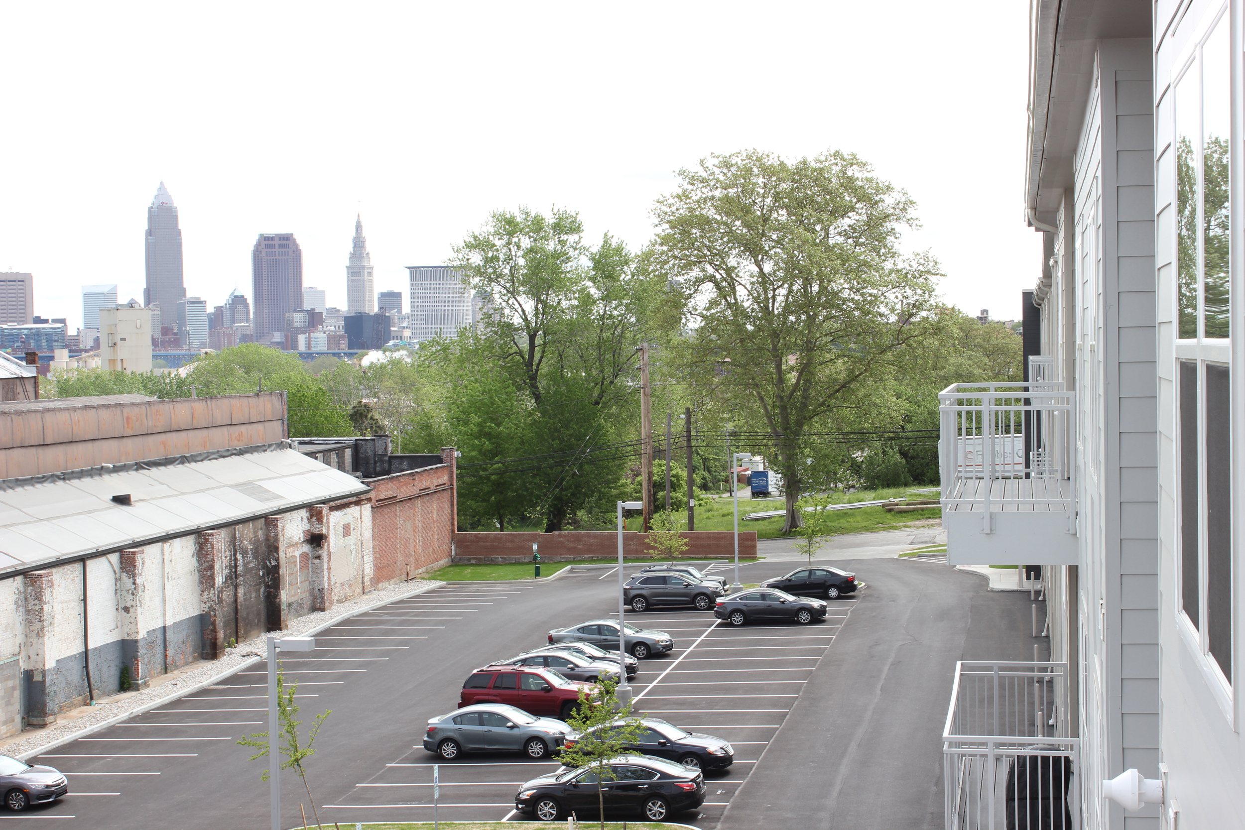 From the balcony of the two-bedroom model, downtown Cleveland’s skyline can be seen.