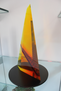 “Escher’s Tower” by Mark Peiser, 1986, cast glass form with staircase interior.